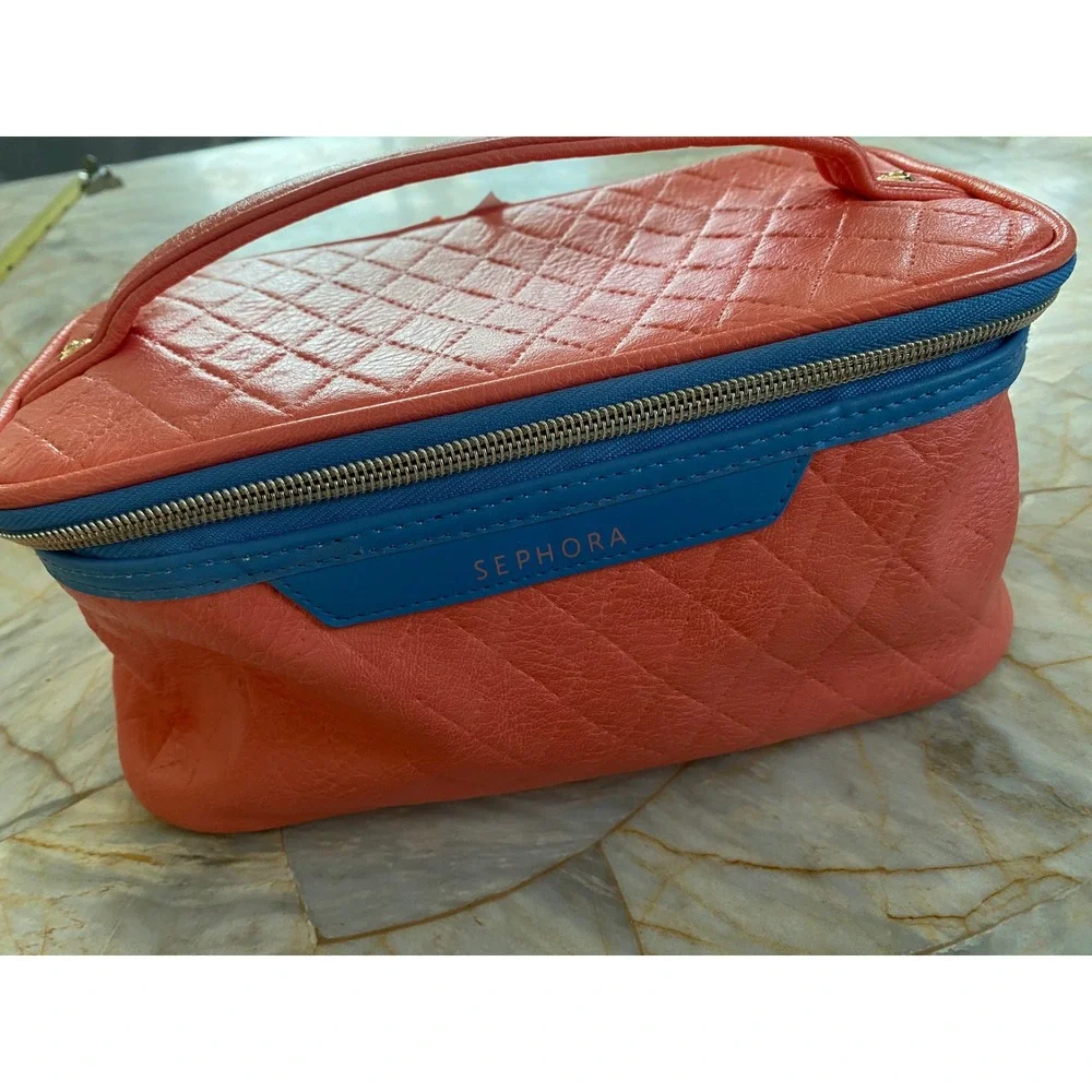 Sephora Quilted Makeup Bag Coral Pink Blue Trim Zippered Travel Train Case